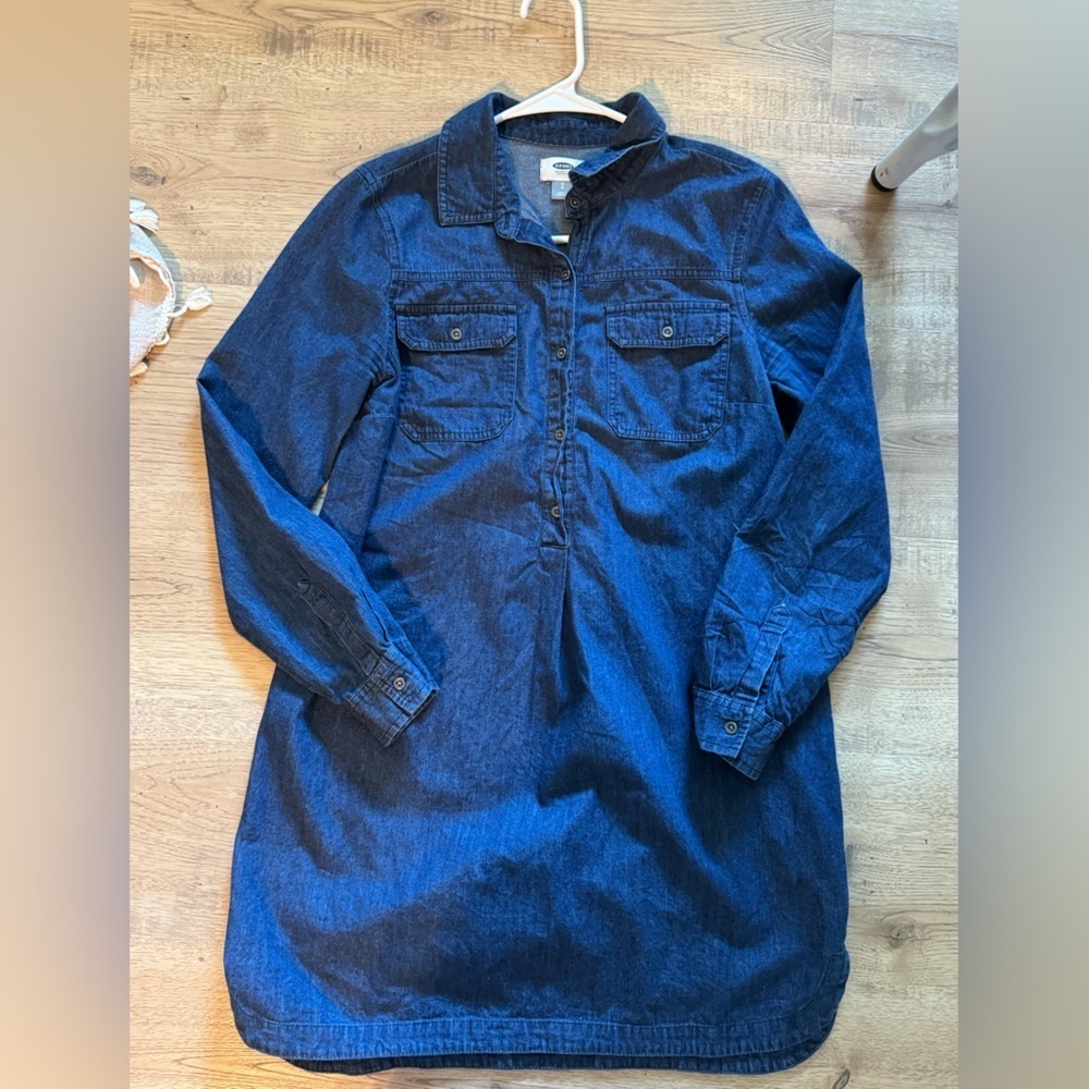 Old Navy Dark Wash Chambray Cotton Shirt Dress Snap Front Pockets Size S - Picture 8 of 8